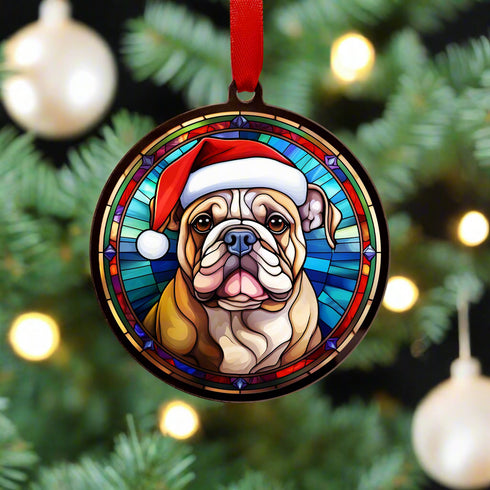 Bulldog in Santa Hat Suncatcher Decoration - CLEARANCE